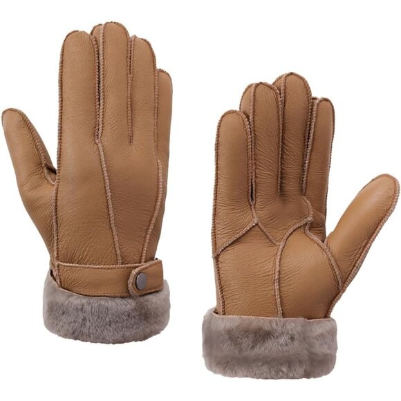 Men's Camel Winter Cold Air Shearling Sheepskin Leather Gloves With Fur Lined - Picture 1 of 7